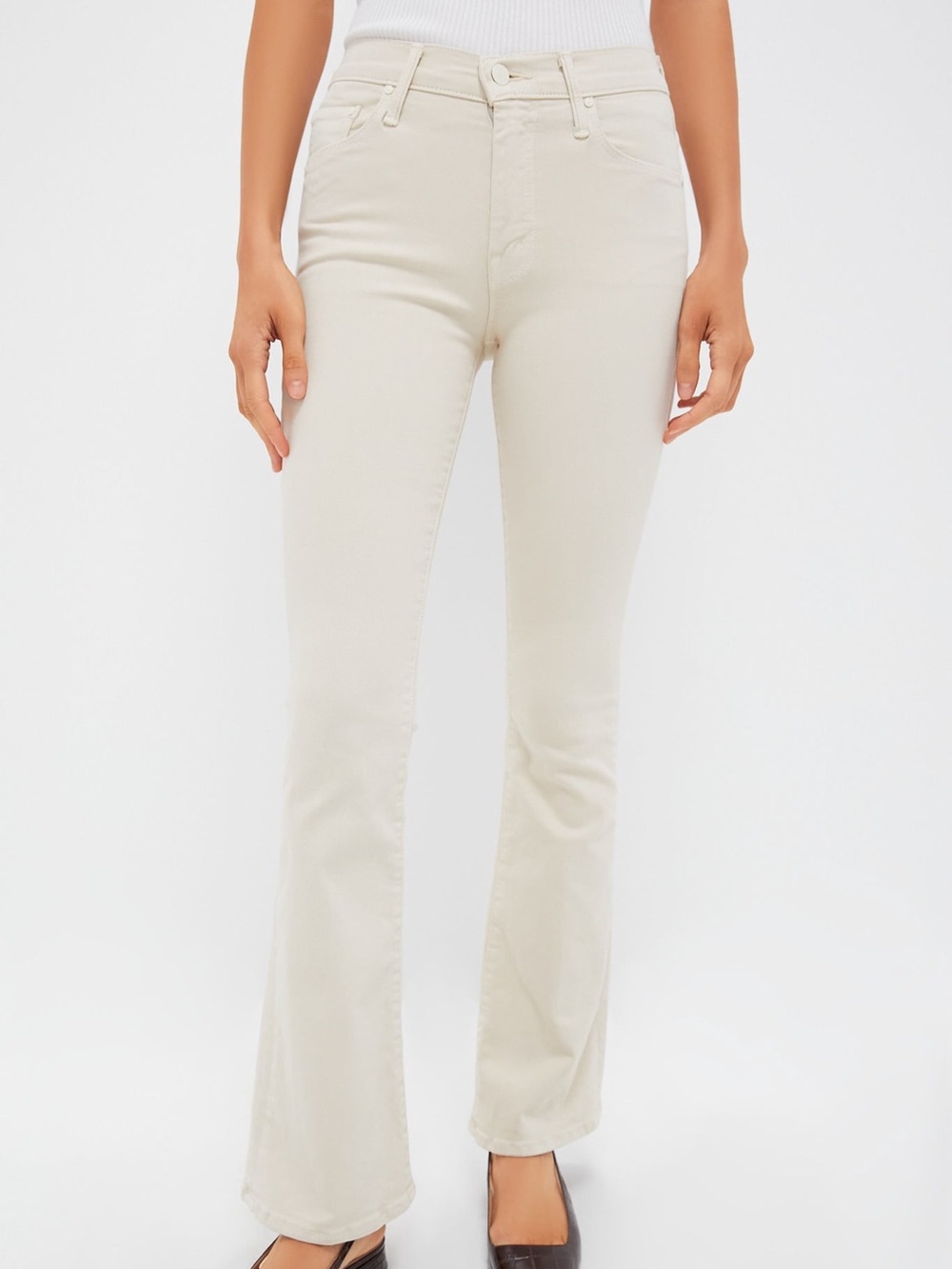 NWT Mother Weekender Flare Jeans Fog Beige Size 28 Frayed Hem Premium Denim